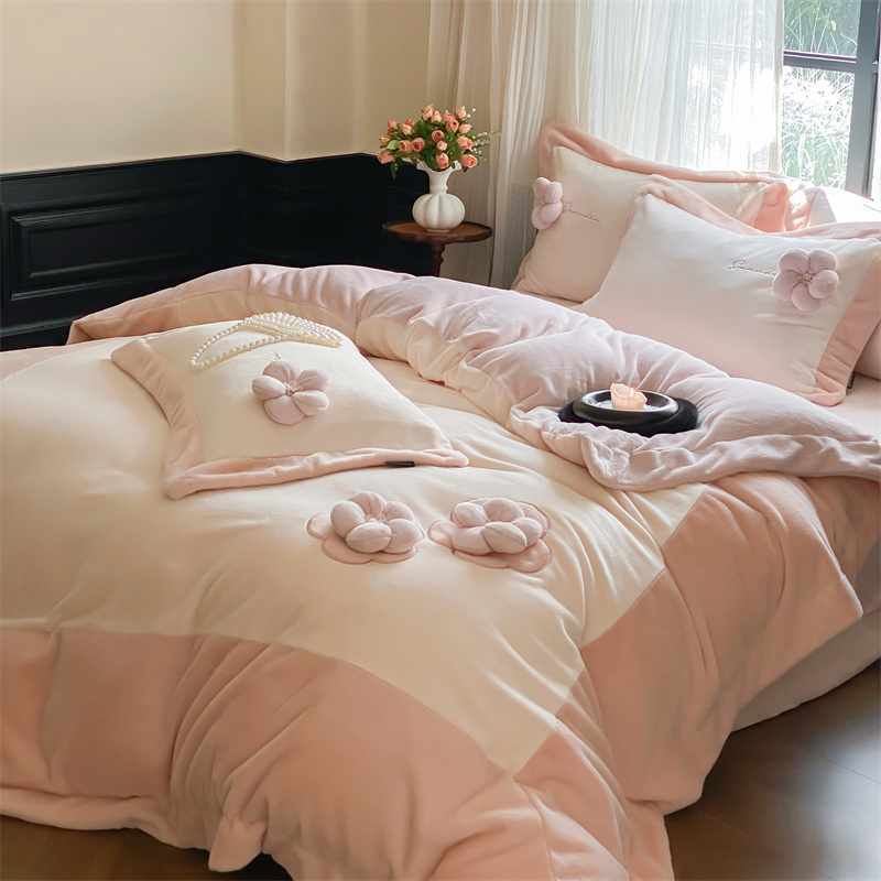 【11斤实体高端款】加厚水貂绒四件套刺绣冬季保暖加绒牛奶绒抗静电