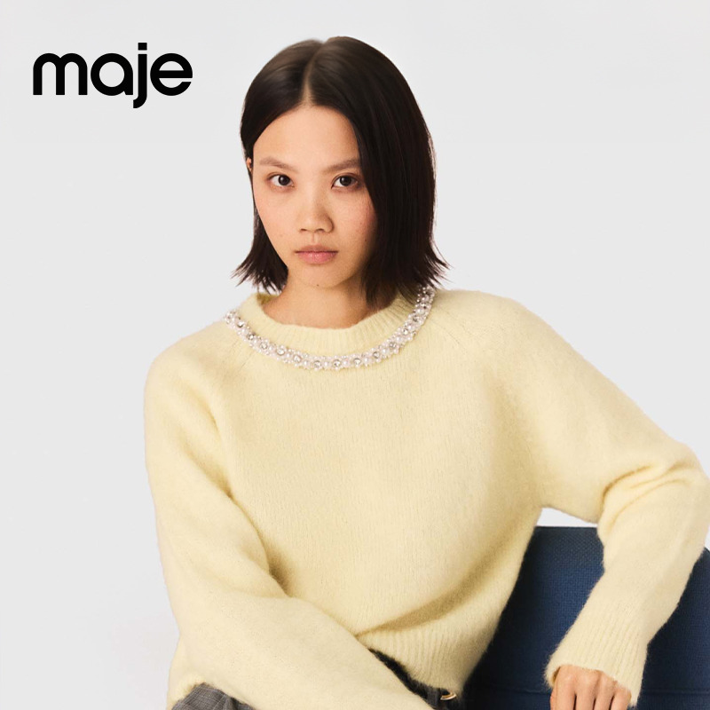 Maje2026春季新款时尚淡黄色仿钻饰领口长袖套头针织衫MFPPU00999