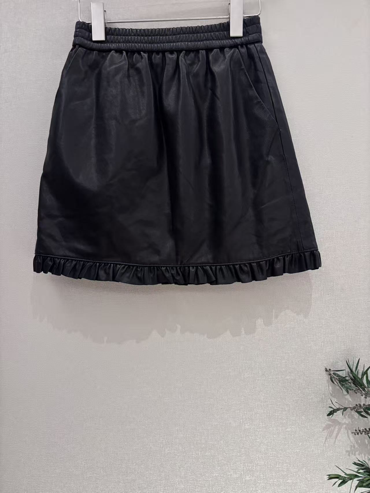 CHIC FAIRY【超甜皮裙】新款百搭松紧腰花边羊皮裙