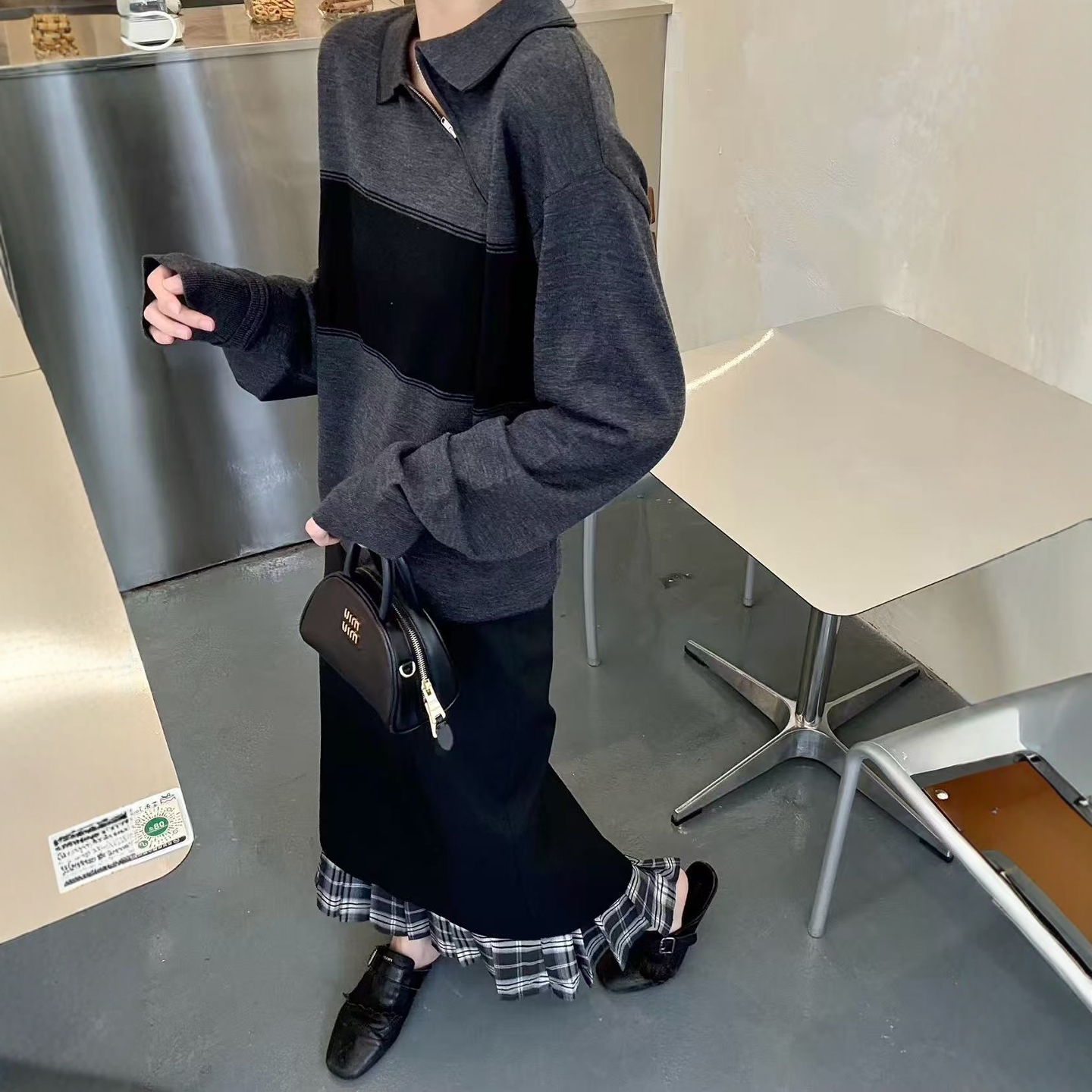 现货【Eth拼格子半身裙】2025冬新品黑色拼接百褶裙格纹中长裙