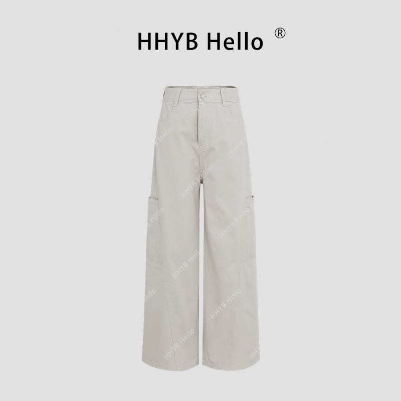 HHYB Hello2025夏新款百搭休闲阔腿裤结果拼接口袋裤女Q254101