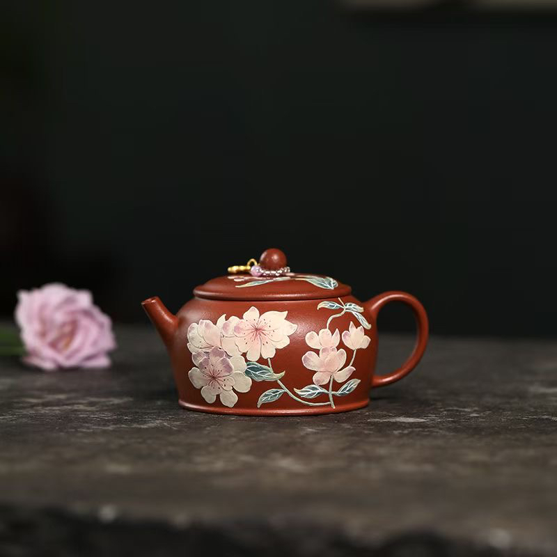 饶青公堂紫砂曼圆半手工·小红泥·内推球150CC花卉女生茶具
