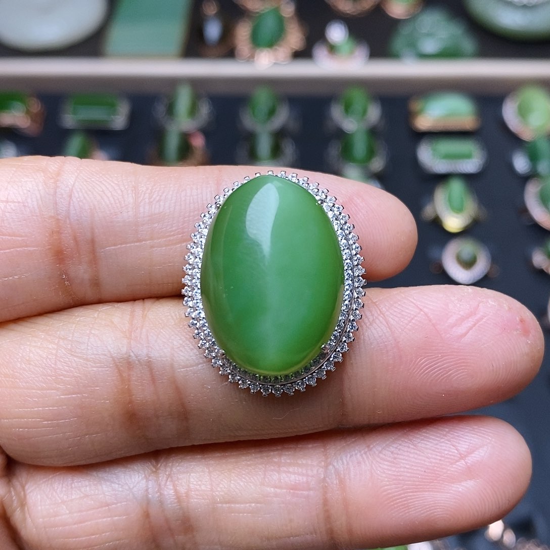 和田玉（碧玉）银S925镶嵌吊坠(不含链)戒指