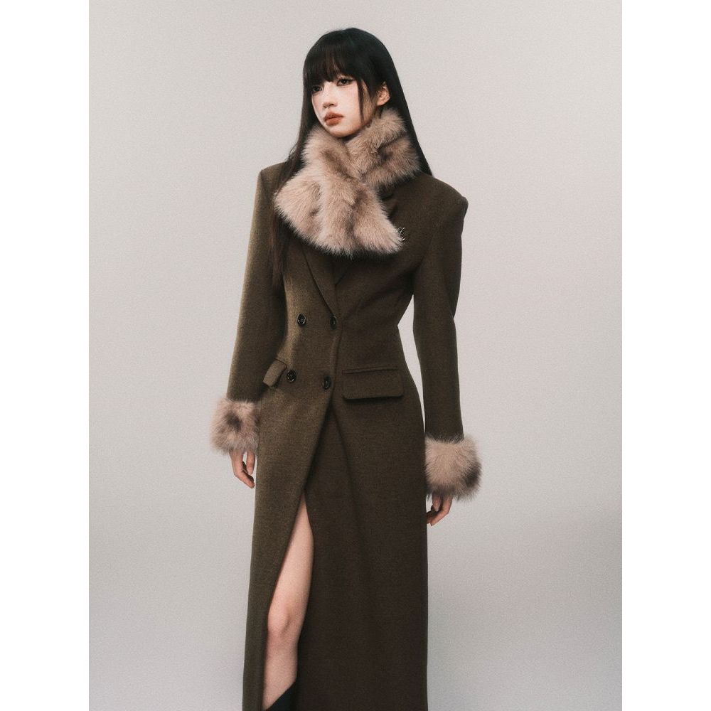 【留洋千金】复古毛领沙漏可拆卸双排扣束腰围巾长款毛呢大衣外套