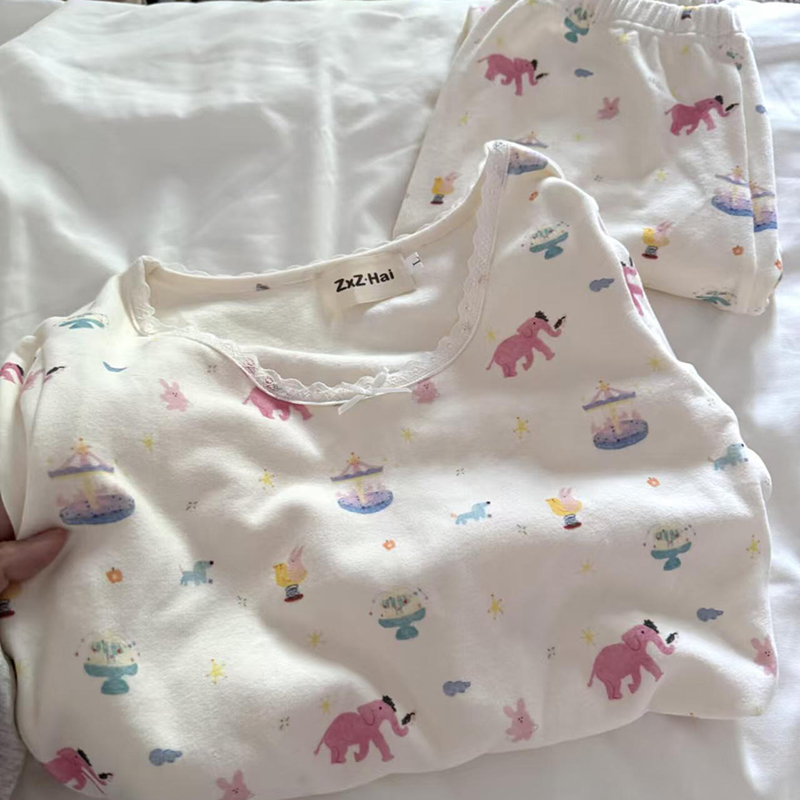 侘町2025新款保暖内衣游乐园大象睡衣长袖休闲打底衣女卡通家居服