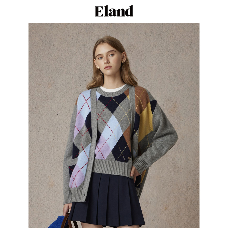 【女装优选WL】Eland衣恋毛针织衫女菱格纹混纺长袖开衫EECKE4TB05
