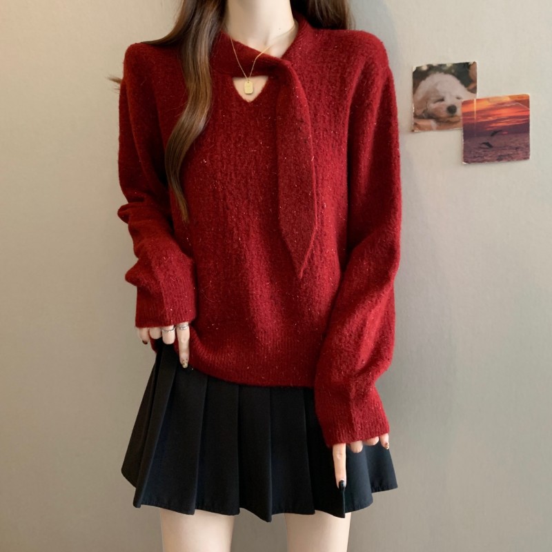 红色长袖针织打底衫毛衣女秋冬大码微胖mm显瘦巨好看短款镂空上衣