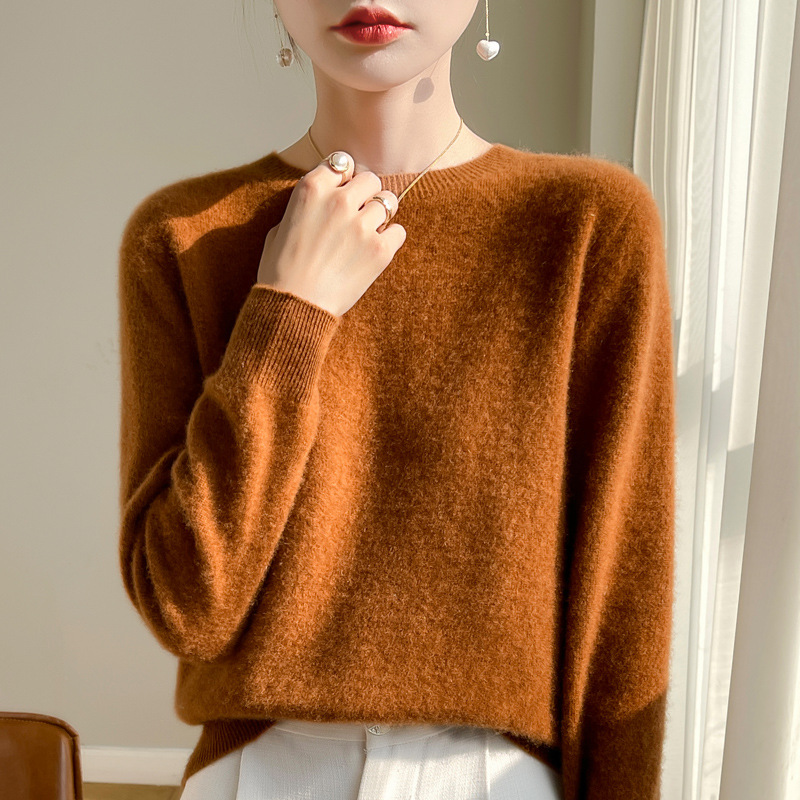 秋冬新款圆领安迪绒一线成衣女宽松针织打底衫外穿针织衫上衣毛衣