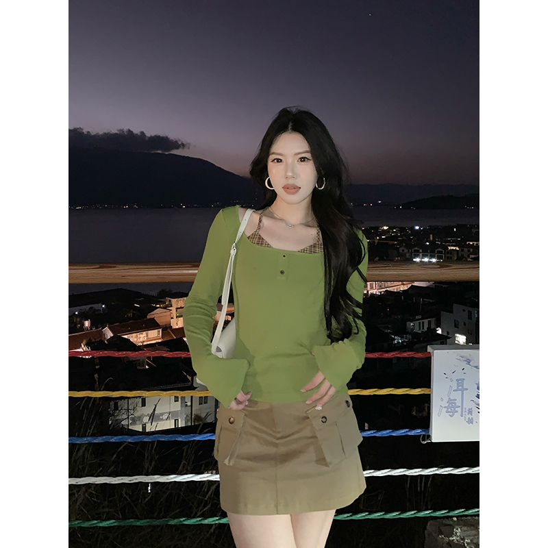 【抹茶可可现货】甜辣多多2025春季假两件挂脖针织上衣显瘦气质长袖