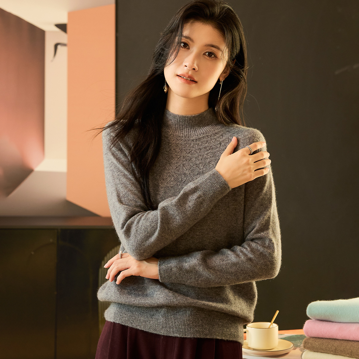 金菊半高领纯色不规则扇形提花秋冬新款简约保暖羊毛针织衫