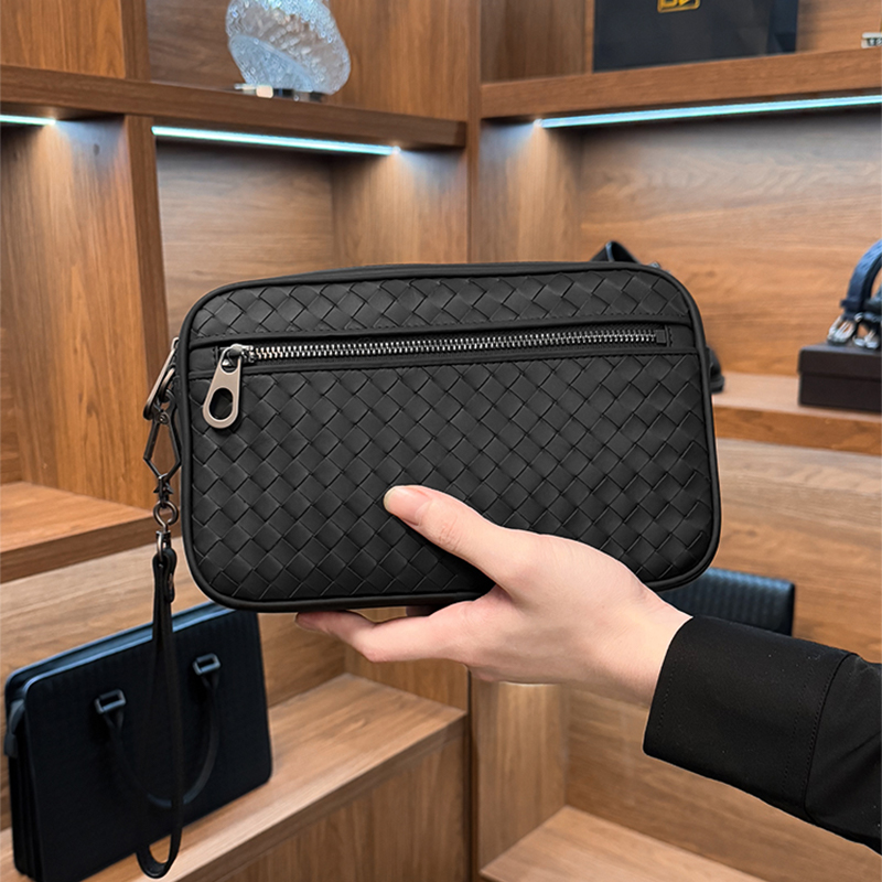 BV头层胎牛皮纯手工编织手拿包手机包黑色真皮商务休闲男士手抓包