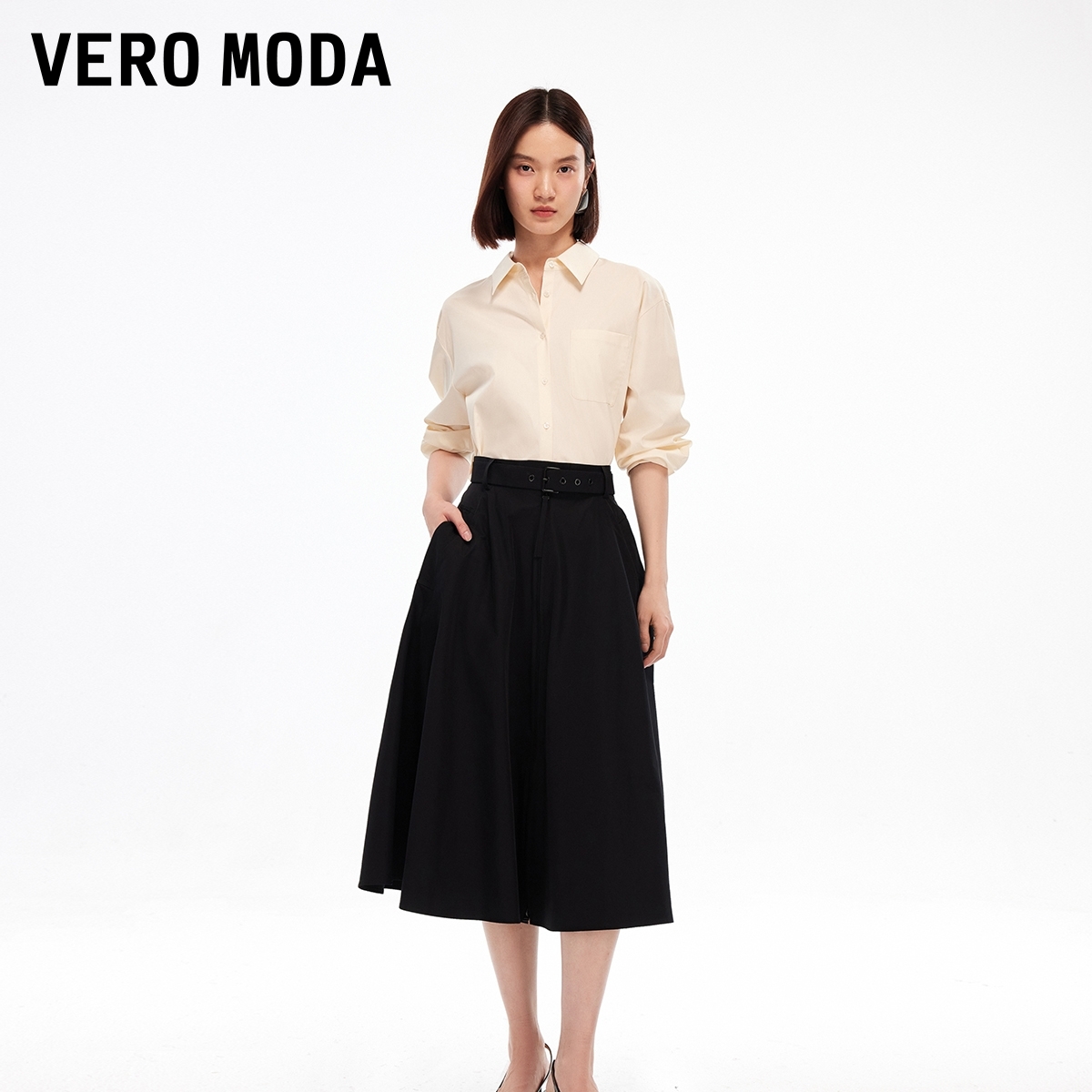 Vero Moda半身裙2025秋季新款可拆卸腰带高腰A字裙通勤松弛感百搭