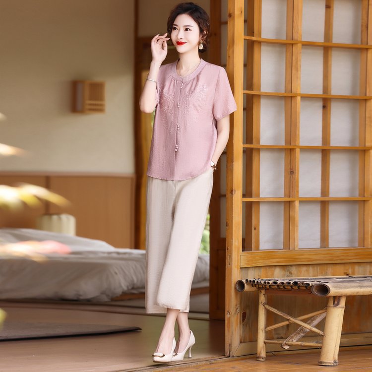 母亲节妈妈夏装短袖上衣2025新款小衫洋气宽松衬衫国风新中式女装