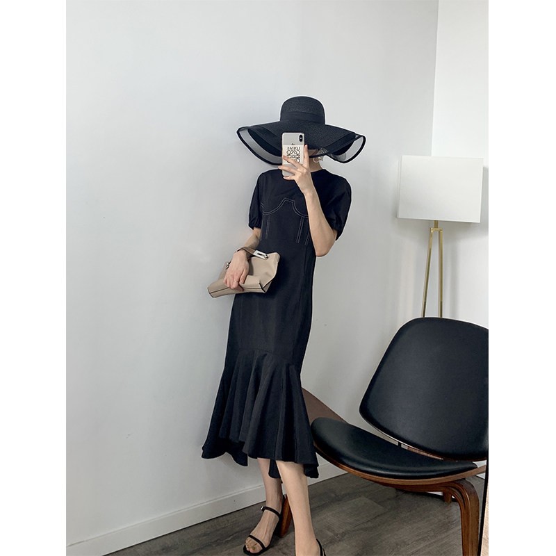 【清】P1218350 收腰显瘦连衣裙松紧袖圆领中长款法式复古连衣裙