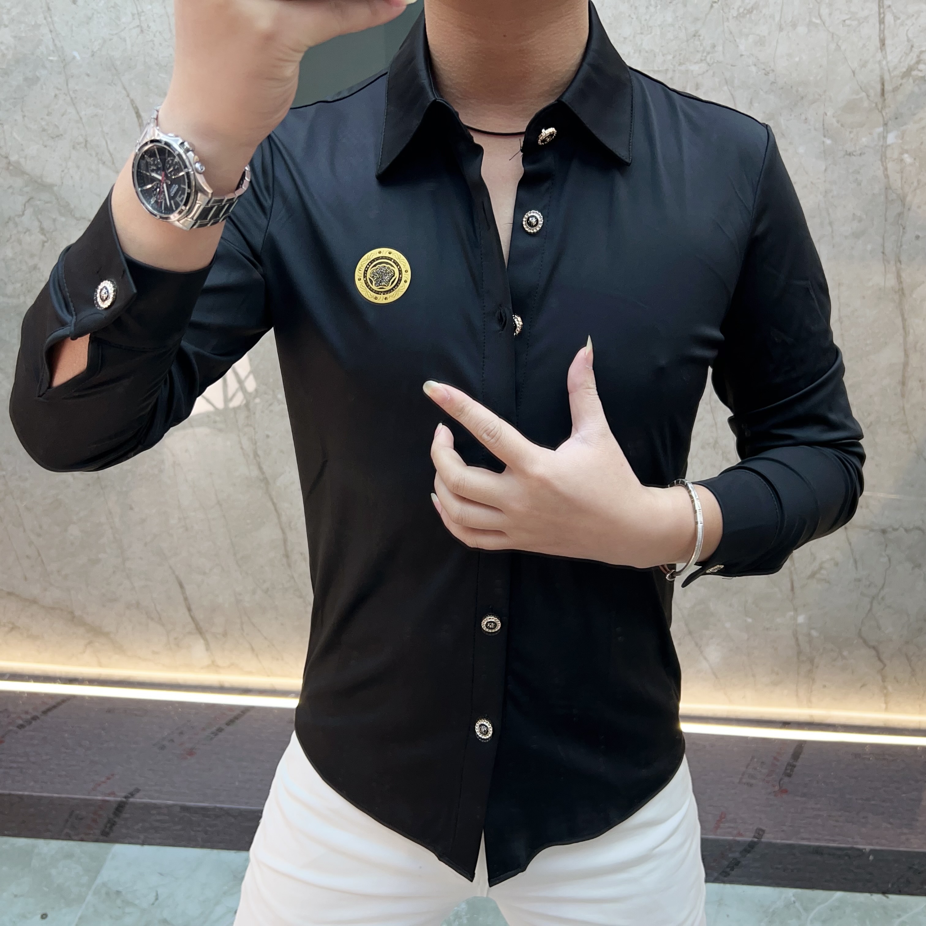 欧货男装时尚休闲夏季商务翻领轻奢衬衫款百搭透气长袖潮流宽松型