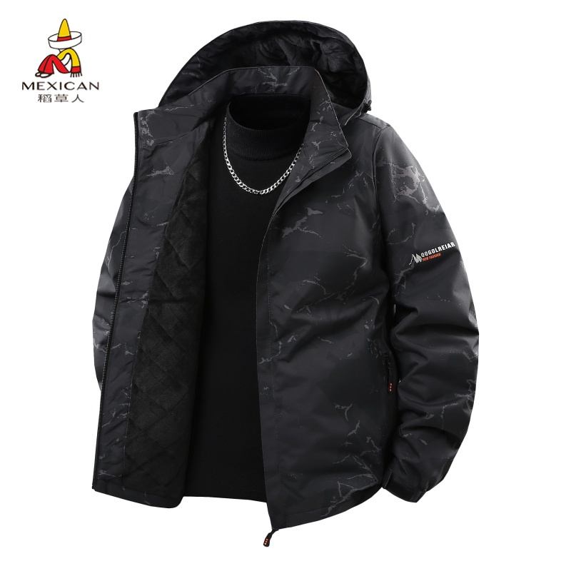 稻草人连帽冲锋衣外套男士春秋季新款户外运动美式复古夹克上衣