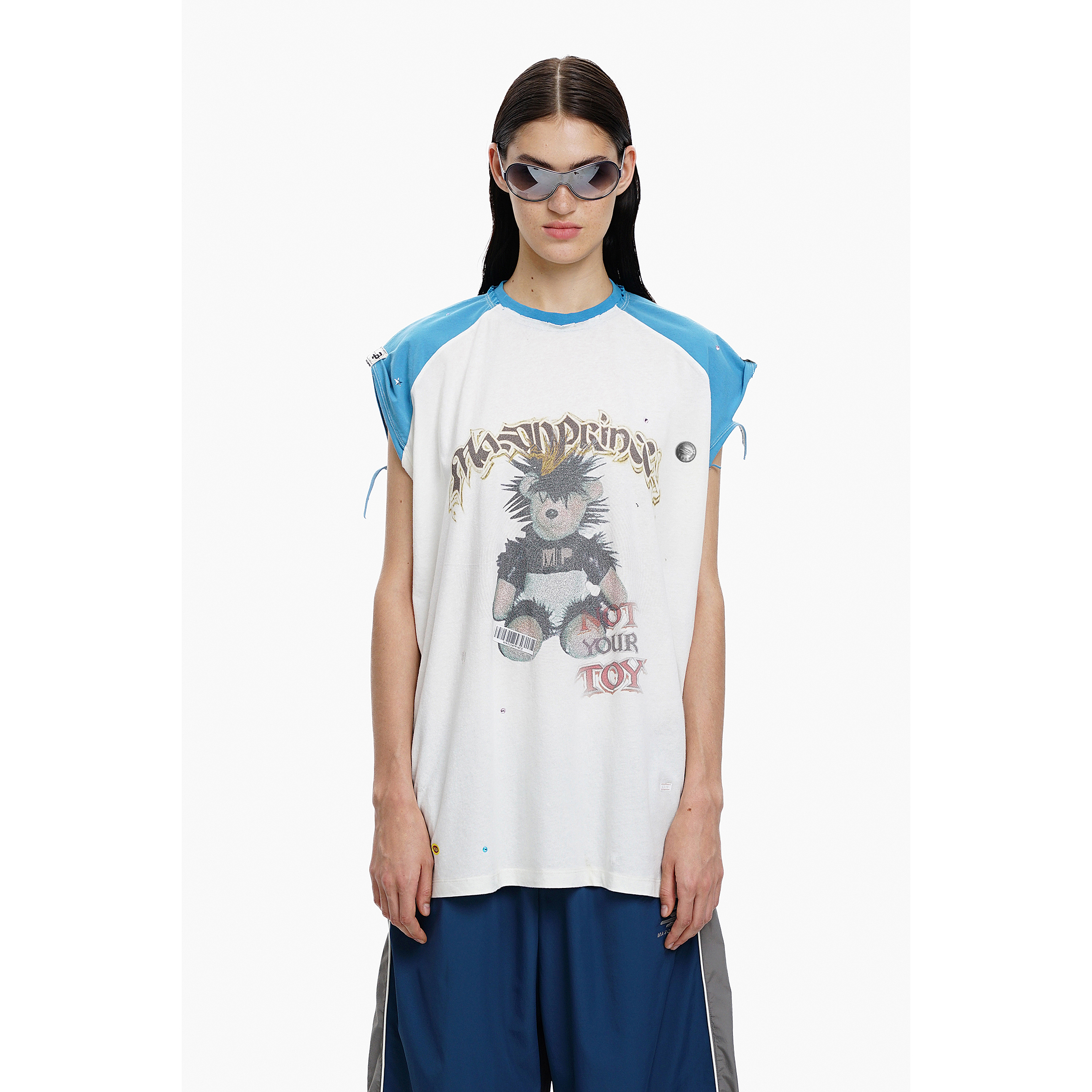 【实体店】MASONPRINCE*闪钻童趣朋克熊 插肩袖破损背心