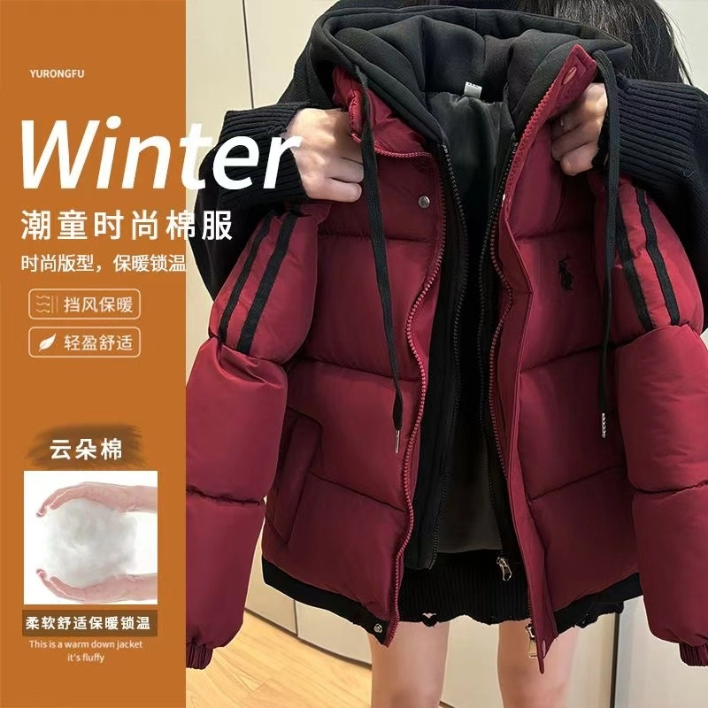 加绒韩版中长款中大童冬季童装时尚冬装外套洋气棉衣圆领保暖黑红