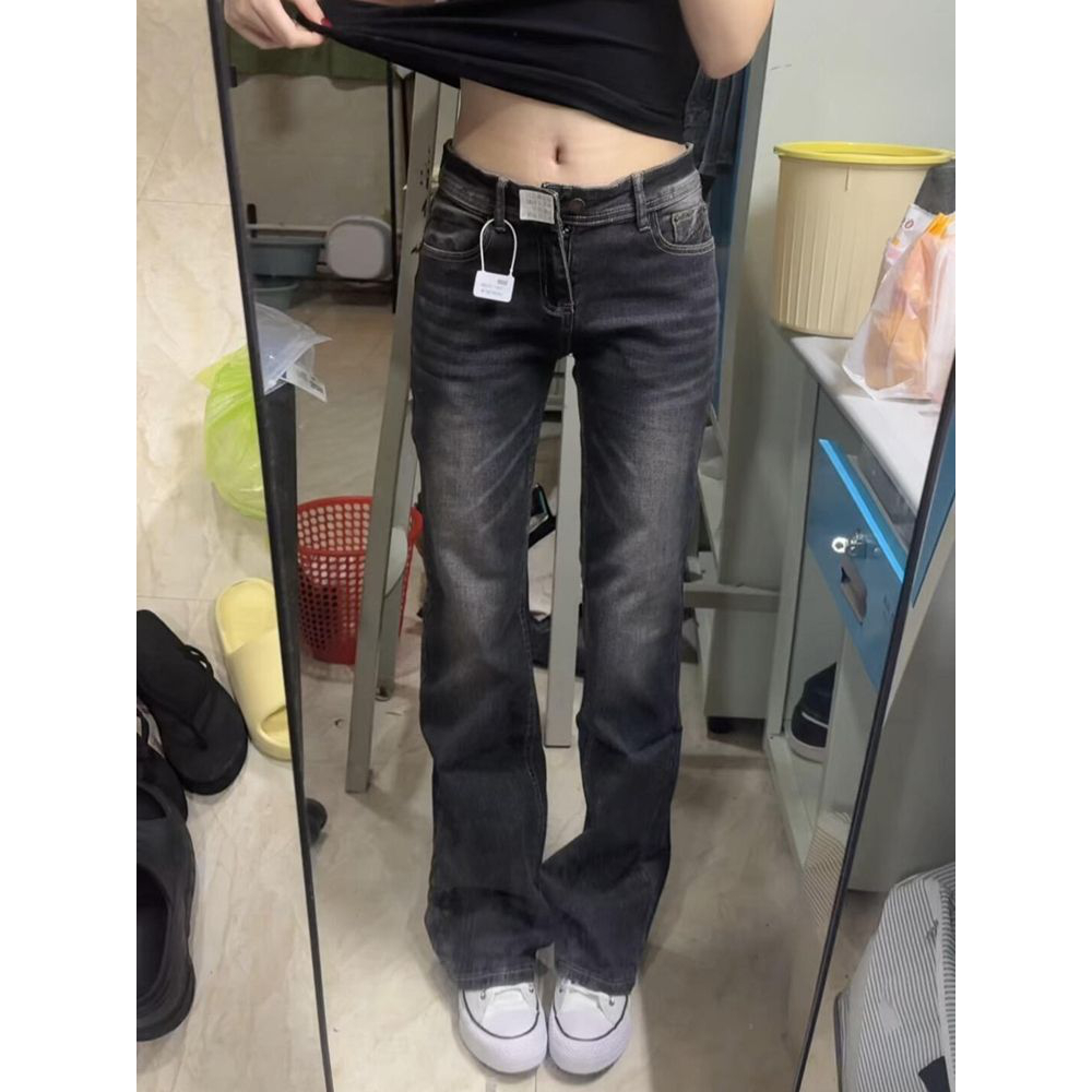 美式辣妹复古修身显瘦窄版直筒牛仔裤女2025新款设计感百搭微喇裤