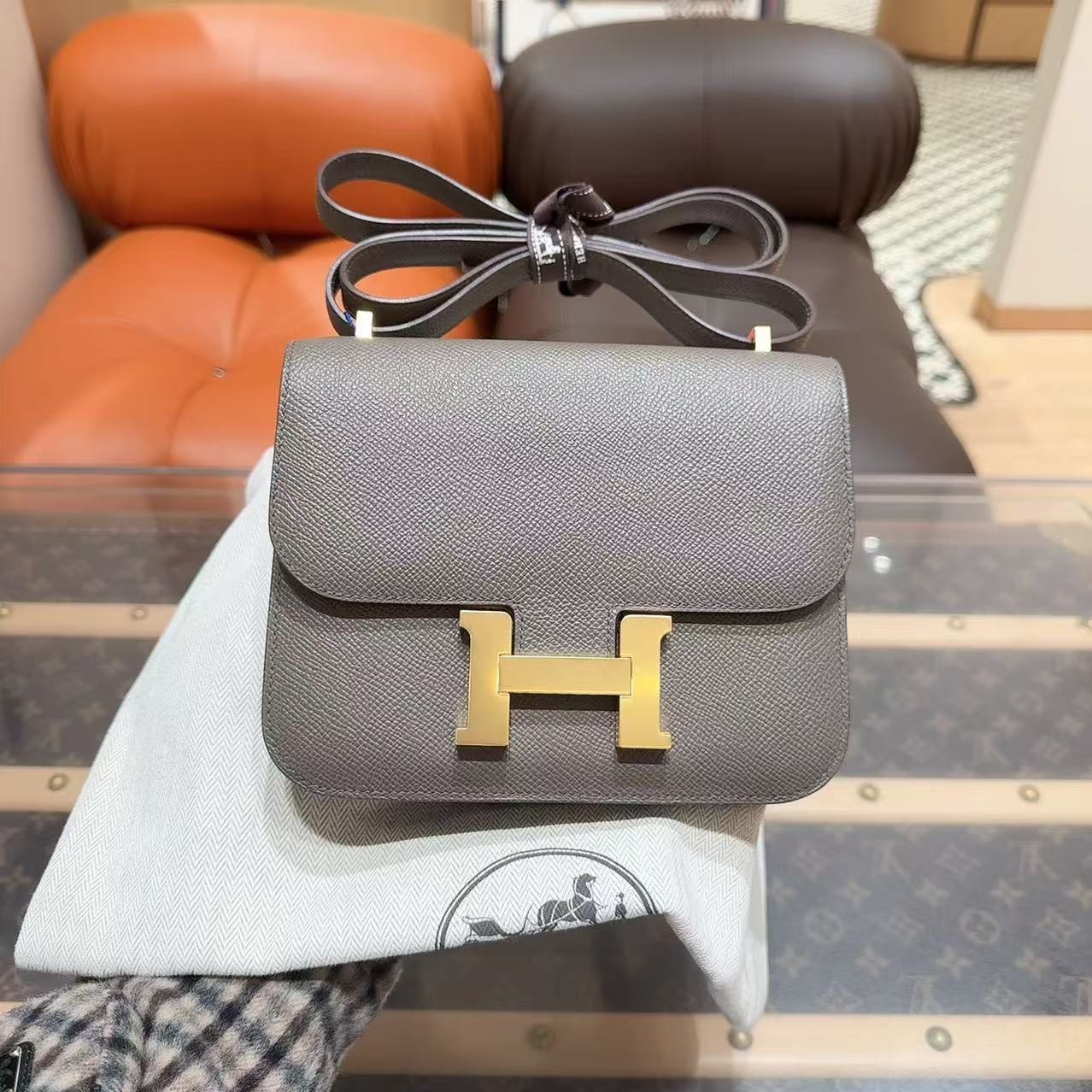 99新 Hermes/爱马仕 康康19 锡器灰 金扣 E皮! 