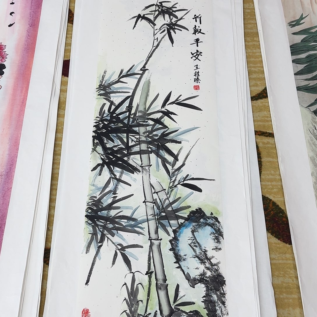 国画四尺对开手绘竹子