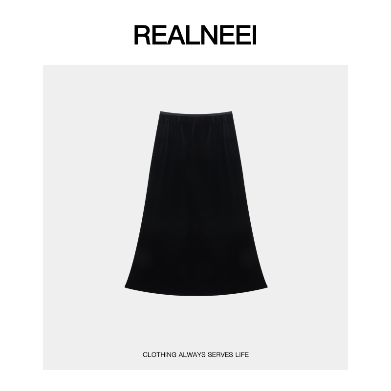 REALNEEI【黑丝绒】黑色显瘦百搭高级感垂感丝绒韩版鱼尾裙MJ903