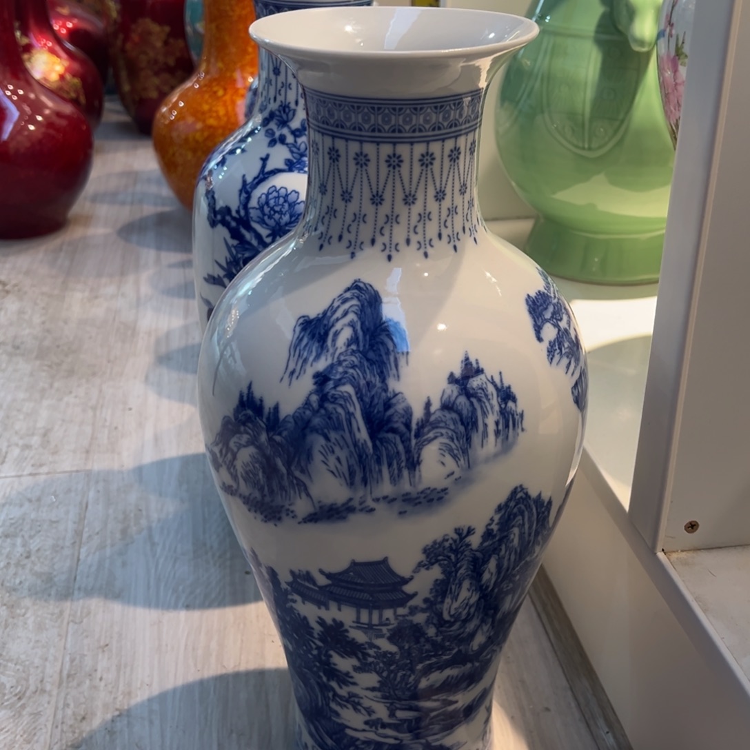 摆件陶45cm青花山水鱼尾瓶