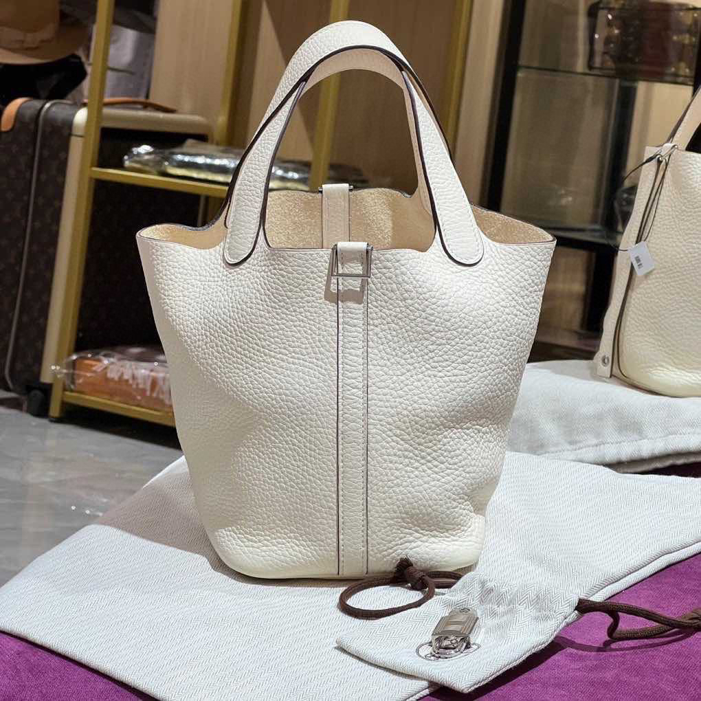 99新 Hermes/爱马仕 菜篮子18 nata 奶油白银扣手提包 Y刻 