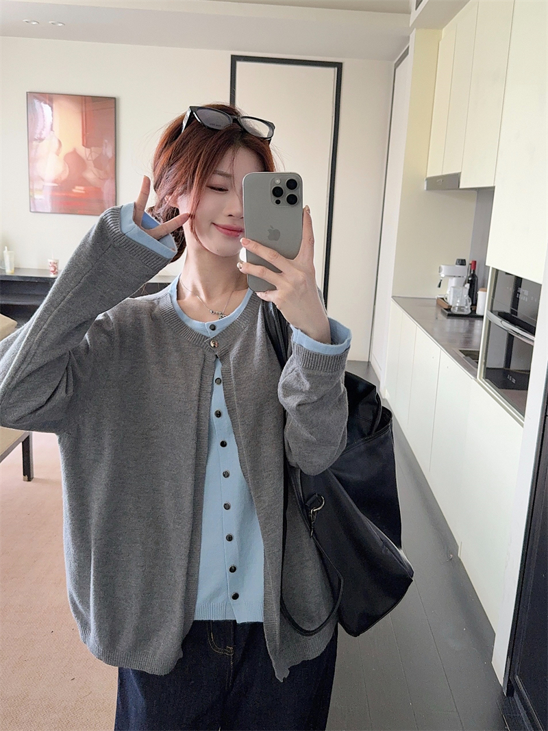 【运费险】【假两件叠穿】大码针织开衫秋冬胖妹妹长袖撞色毛衣外套