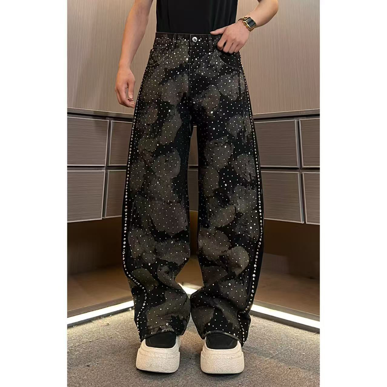 裤子31045男士高品质重工满钻喷绘宽松牛仔裤