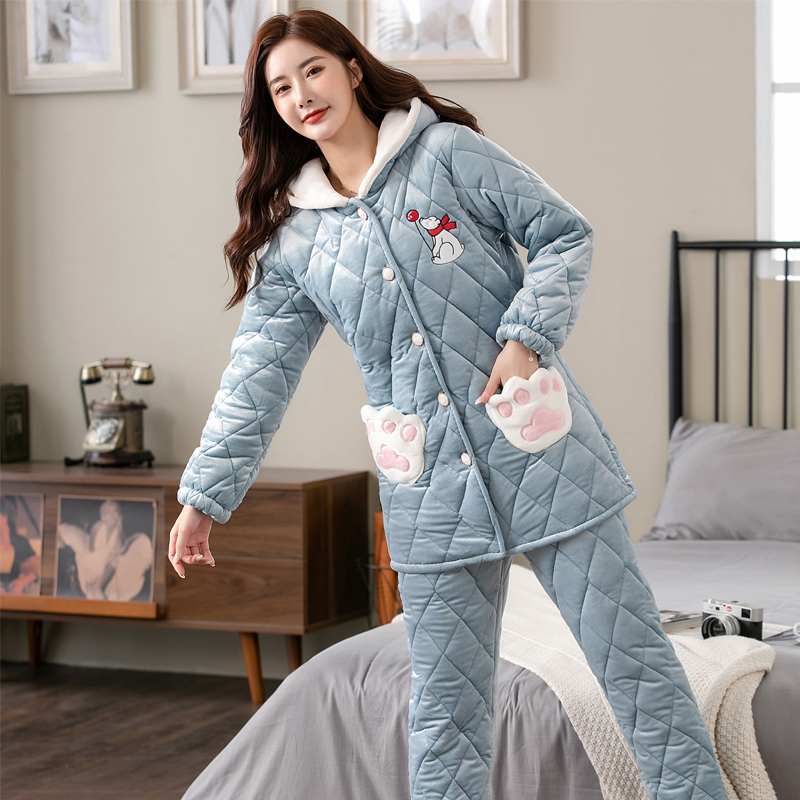 冬季夹棉袄睡衣女士三层加厚珊瑚绒加绒保暖连帽家居服套装特价
