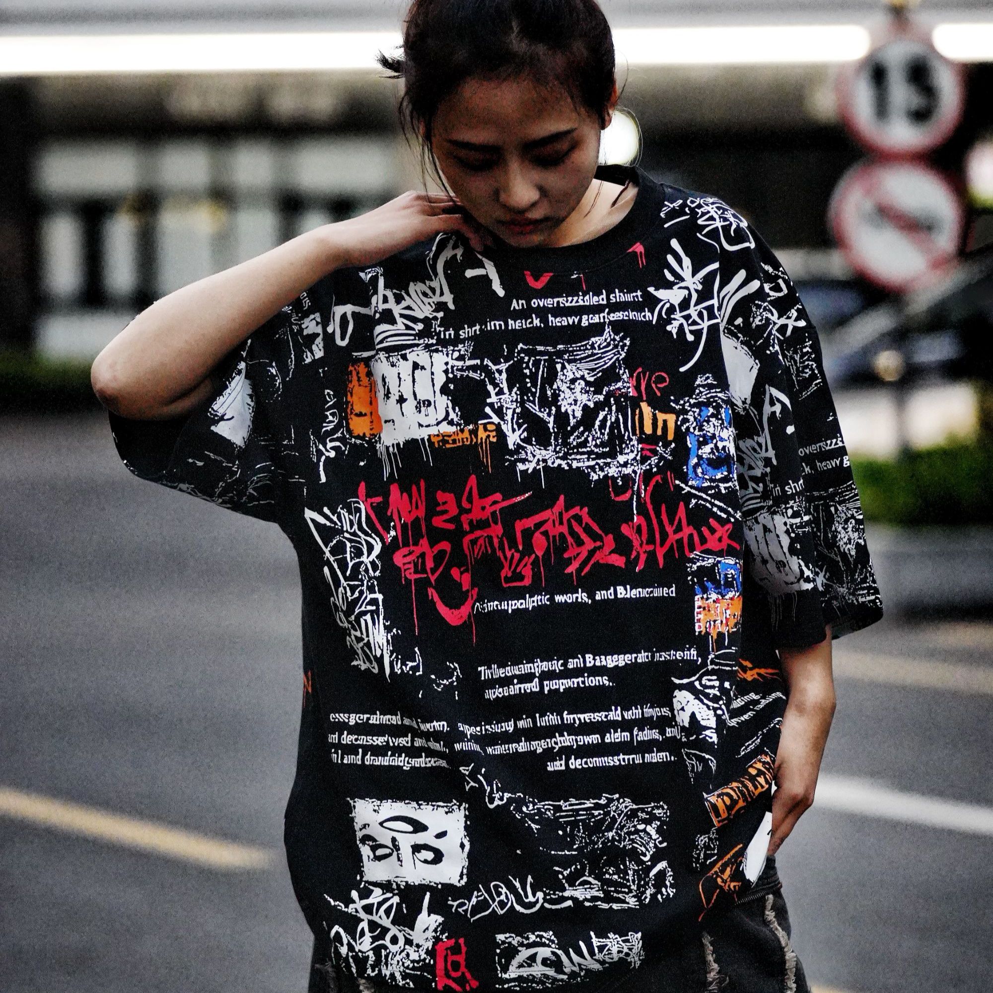 XLUN【密文】重磅涂鸦短袖 拼接印花宽松不规则男女款