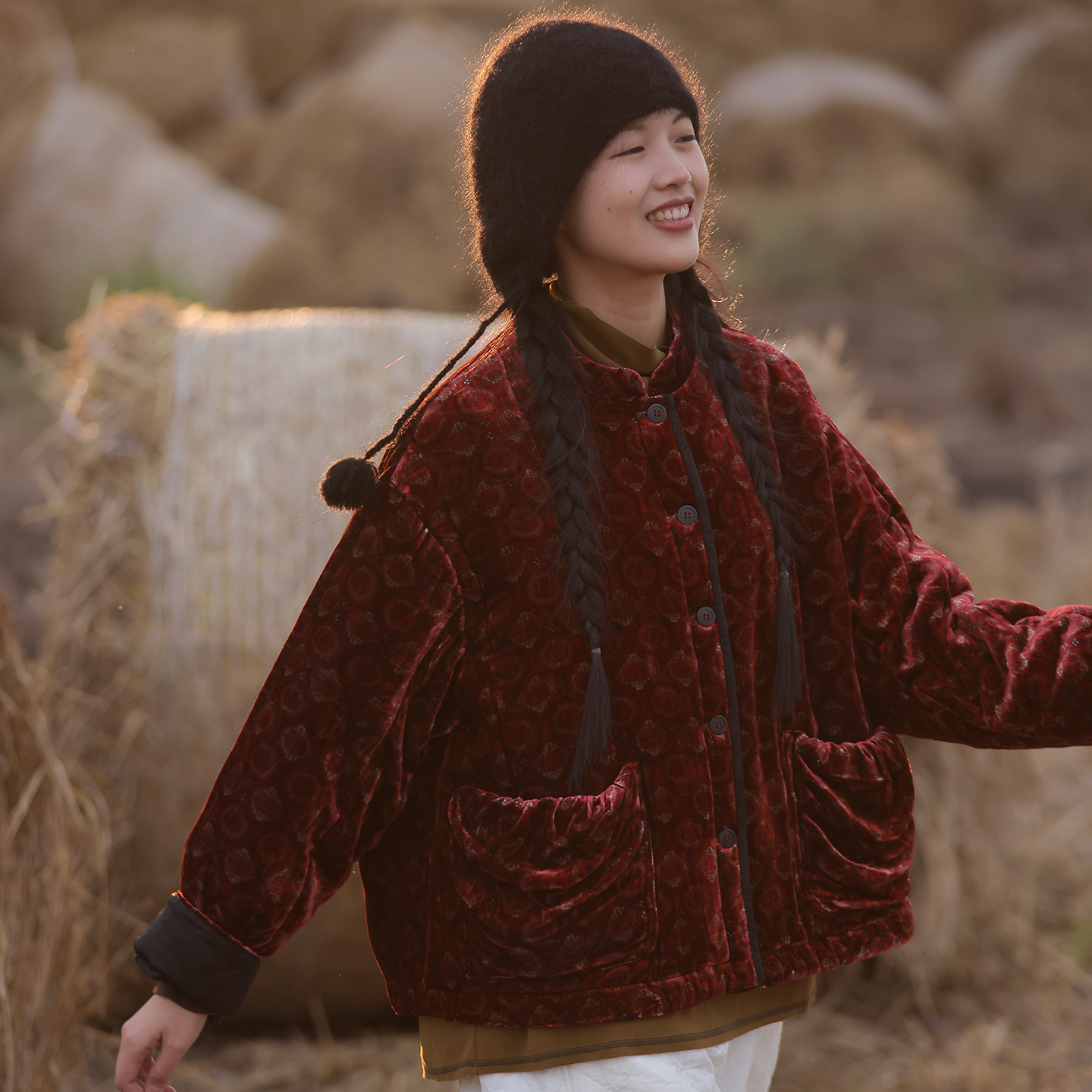 慢慢变蓝原创 荼 冬细腻丝绒中式对襟棉服复古文艺棉衣