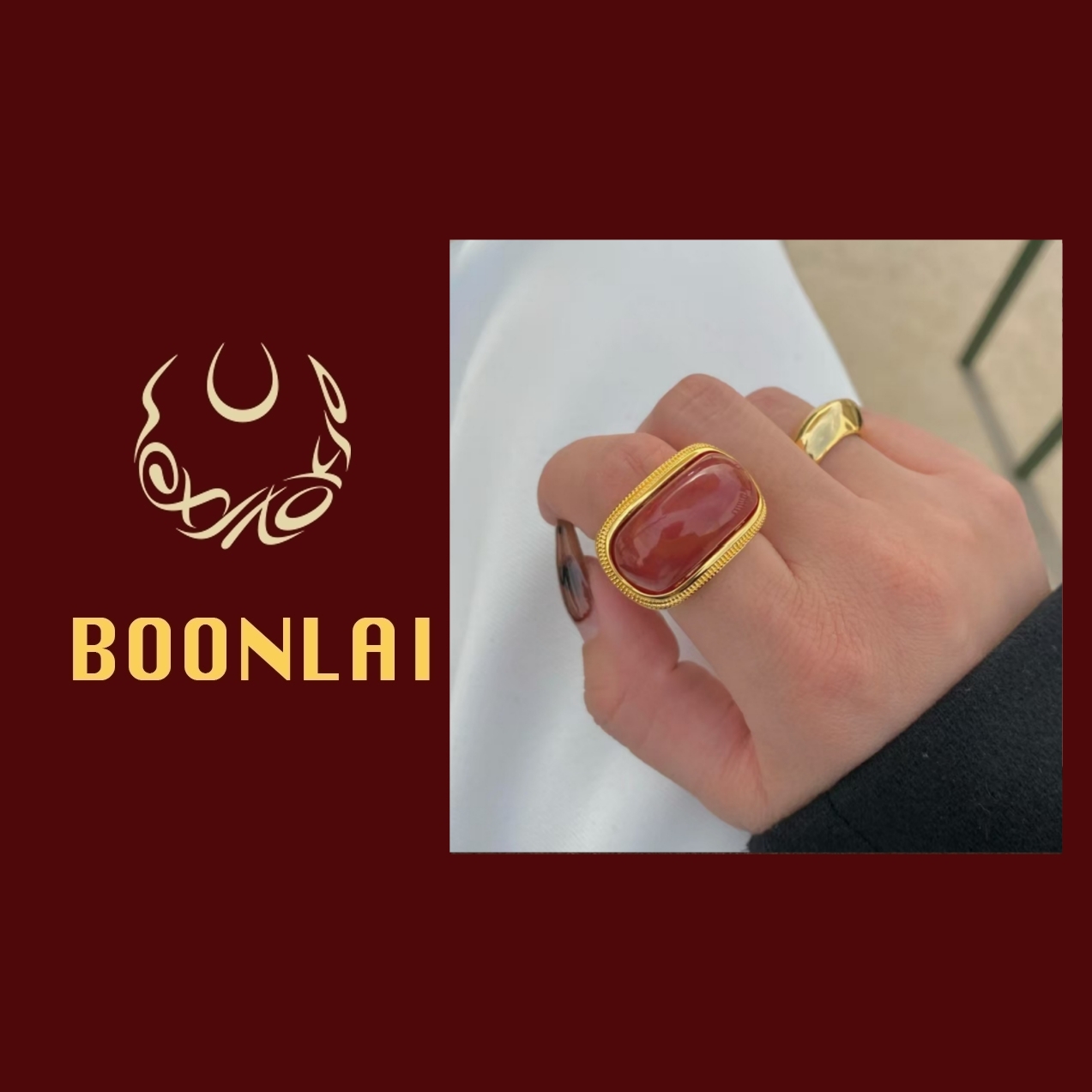 铜合金莫桑石戒指 Boonlai 红色简约花纹戒指4158