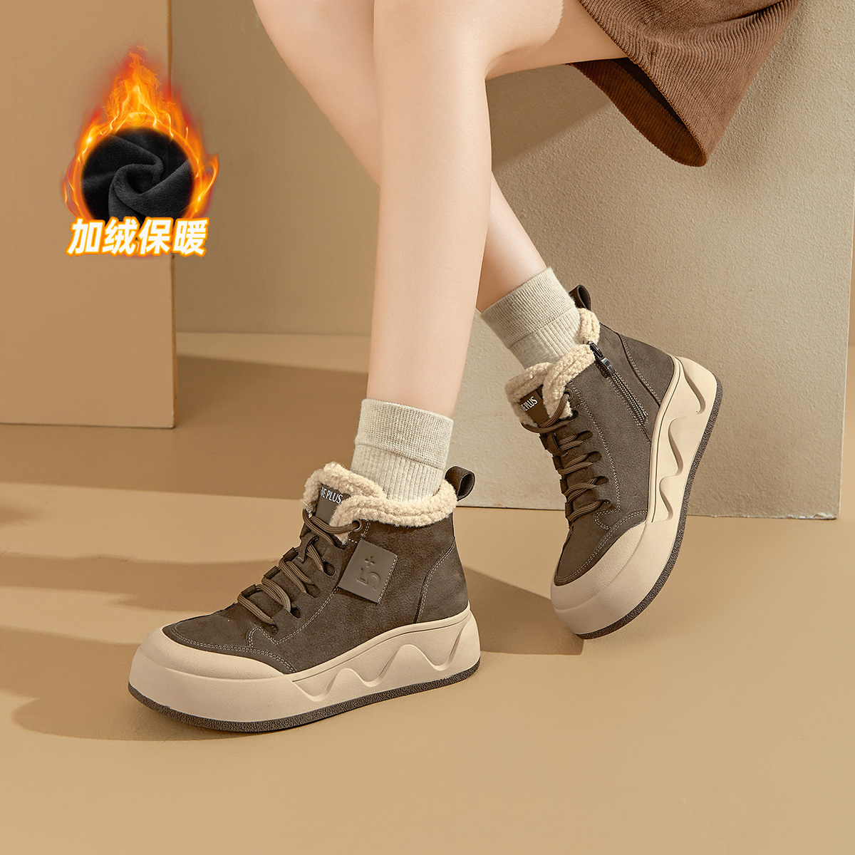 磨砂皮冬季休闲高帮鞋厚底平底秋冬短靴系带素面保暖运动时尚百搭