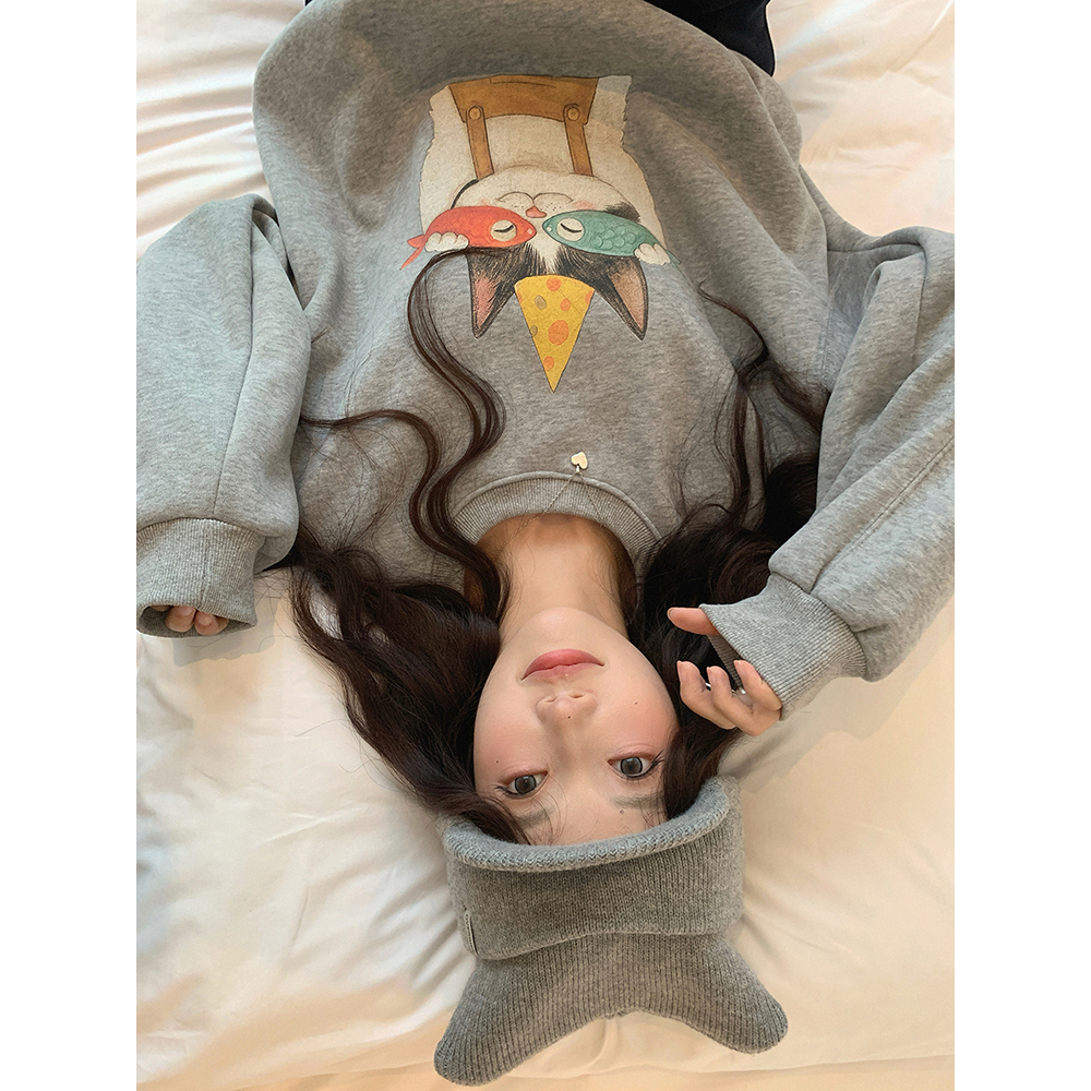 张贝贝ibell新款童趣减龄猫咪彩绘印花加厚加绒保暖圆领卫衣女冬