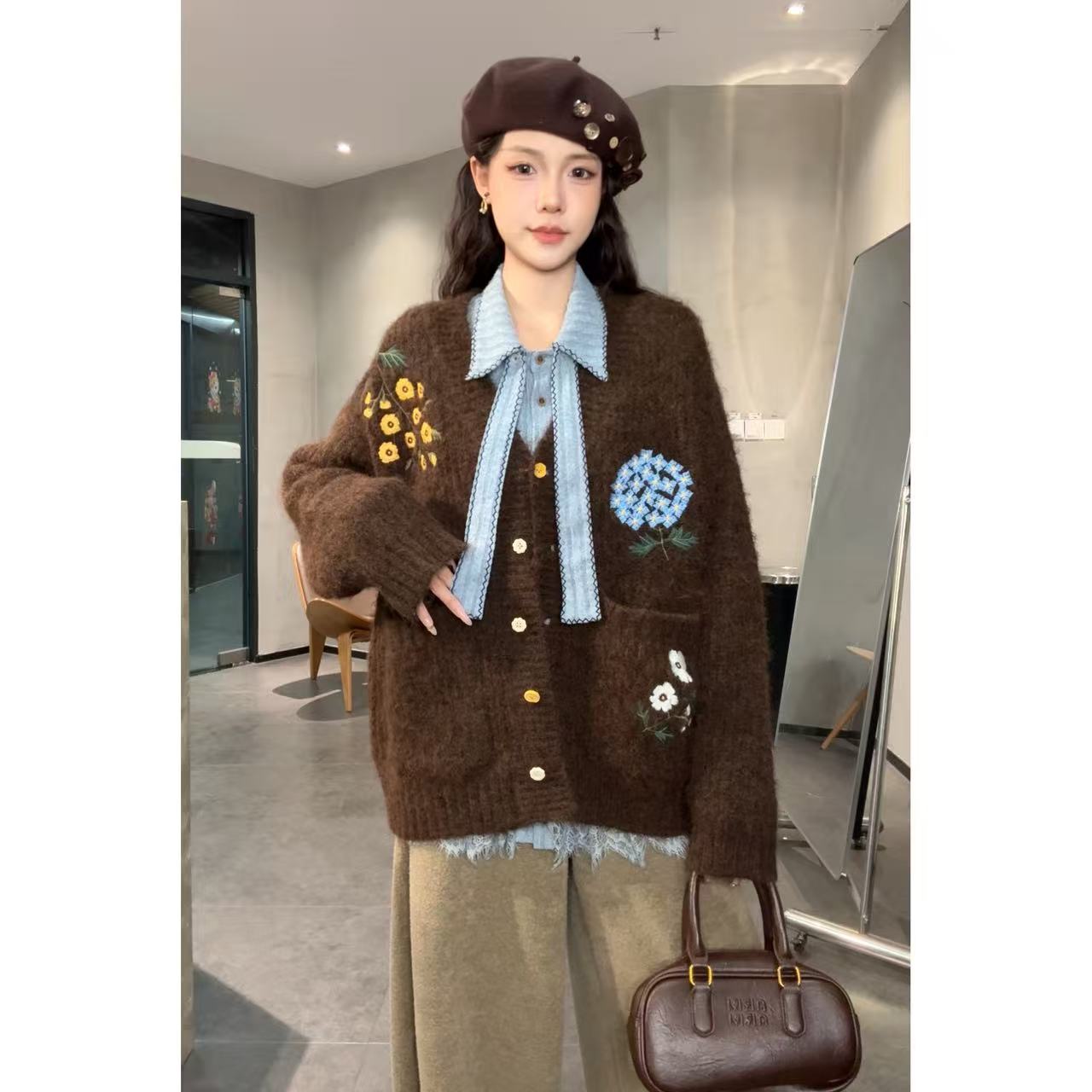 VGVL旻旻毛衣【晚秋花香】秋冬慵懒风厚款刺绣针织毛衣开衫女50251