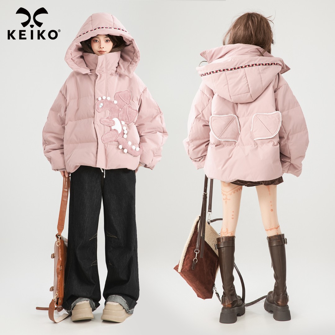 KEIKO 小恐龙饰粉色泡芙羽绒服冬季可卸连帽短款白鸭绒面包服外套