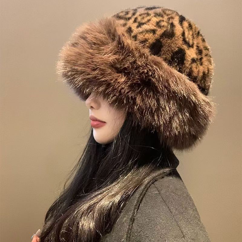 新款咖色豹纹蒙古帽保暖百搭气质时尚毛绒帽子韩版秋冬冬天女士