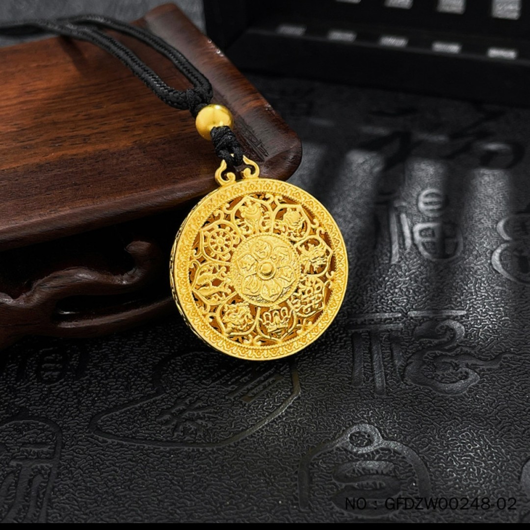 点哥黄金珠宝甄选足金花丝六字真言八宝罗盘吊坠