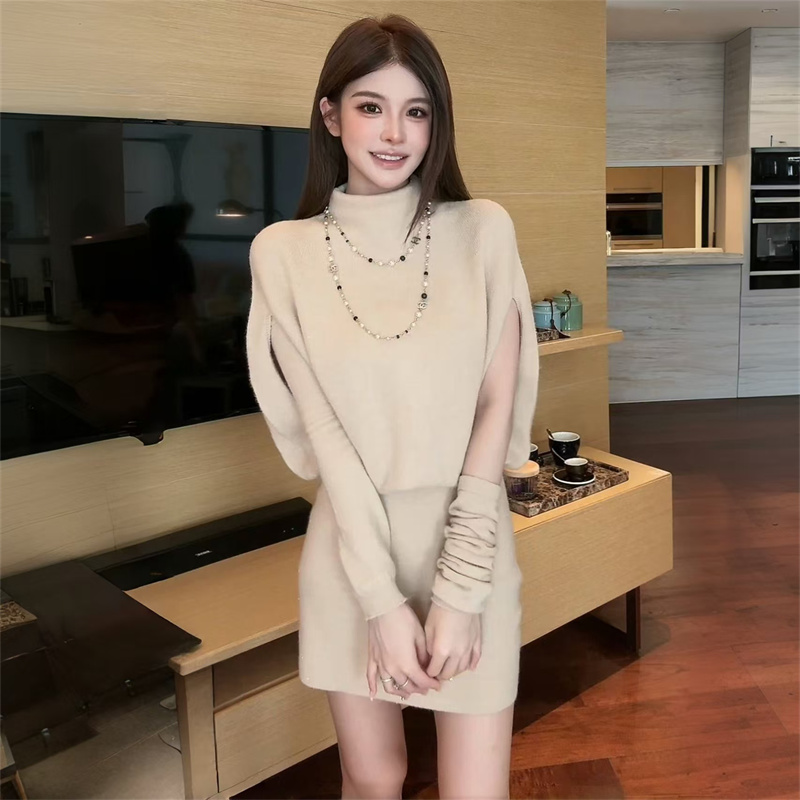 斗篷型高领针织连衣裙女秋冬收腰显瘦气质内搭包臀打底毛衣短裙子