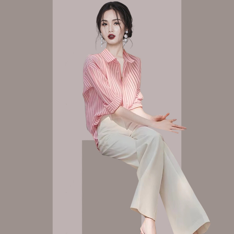盐系时尚套装条纹长袖衬衫裤子2025春季新款两件套