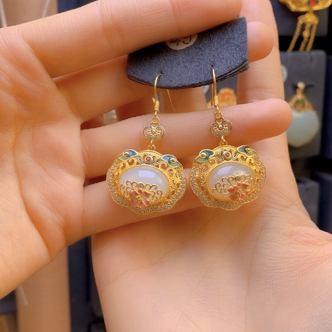 和田玉耳饰银S925镀金镶嵌