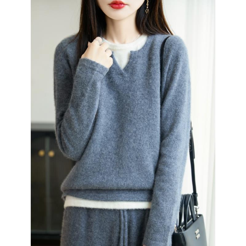 羊毛圆V领薄款纯色百搭假两件D261