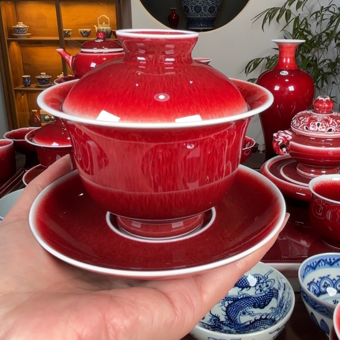 杯闻轩坊原矿郎红 元宝盖碗