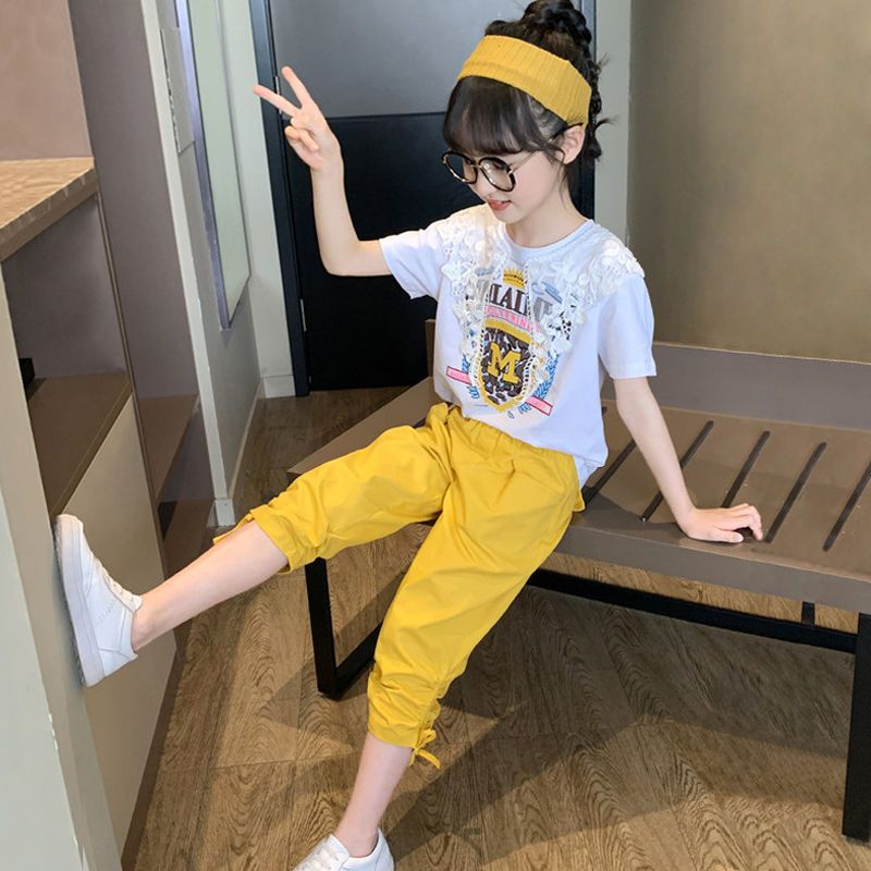 女童网红夏装2023年 新款韩版时髦短袖儿童装夏季女孩洋气t恤套装