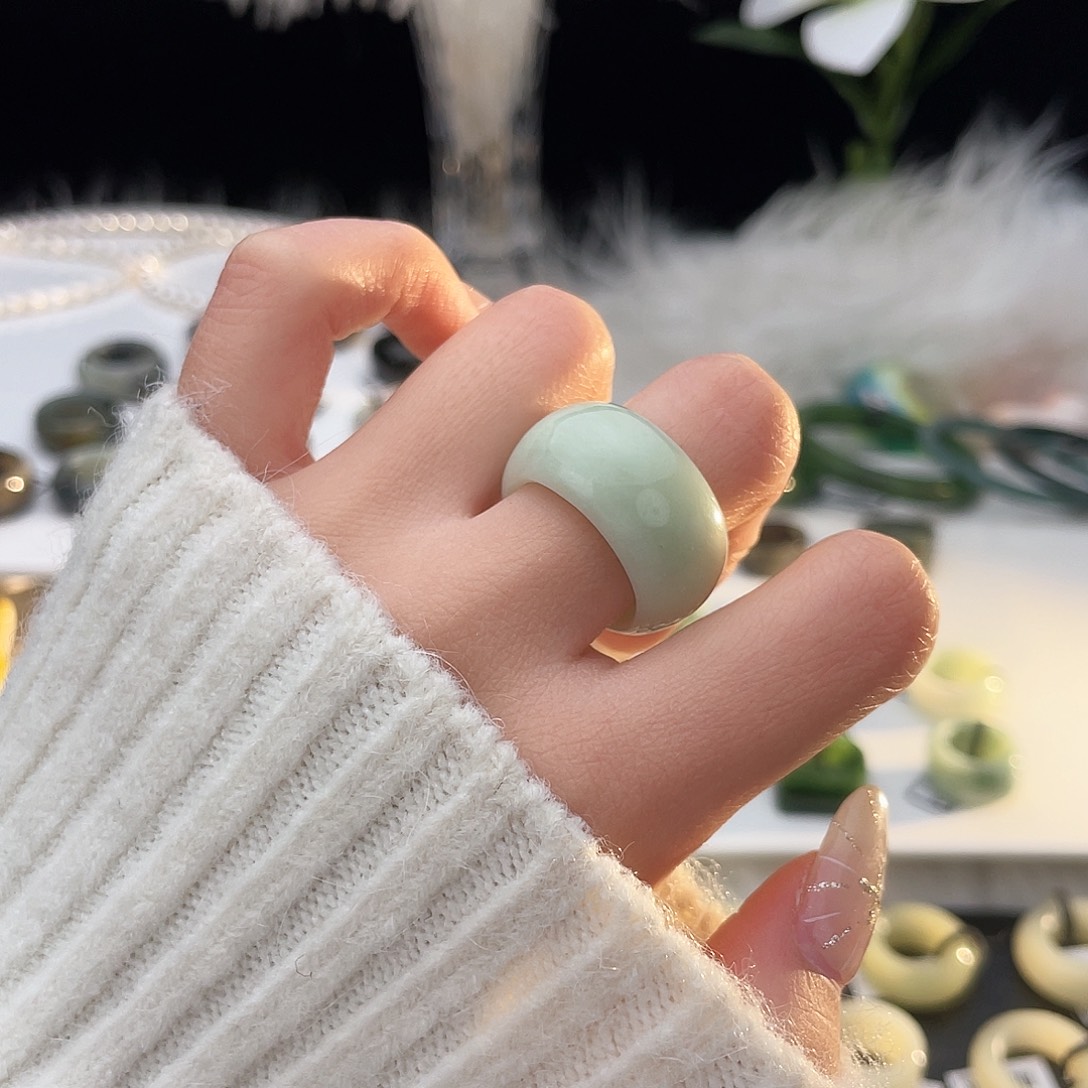 和田玉未镶嵌戒指k118 俄翠奶绿墩墩18.3mm