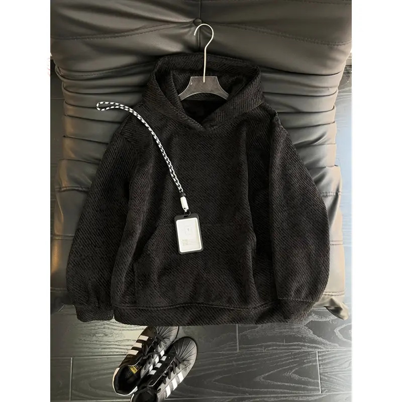 灯芯绒条纹连帽卫衣男款秋冬季提花美式休闲潮牌情侣套头上衣外套