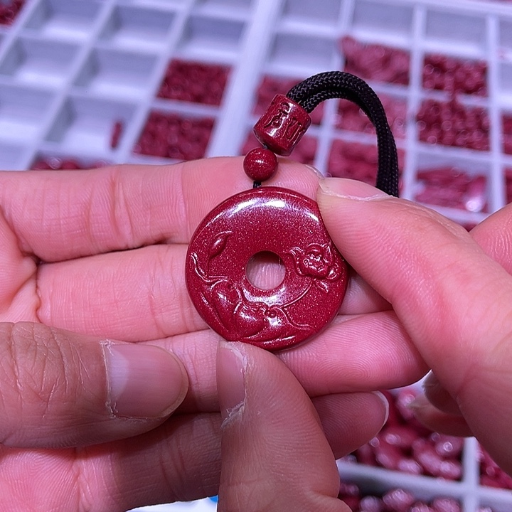 天然辰砂紫金砂莲花平安扣吊坠