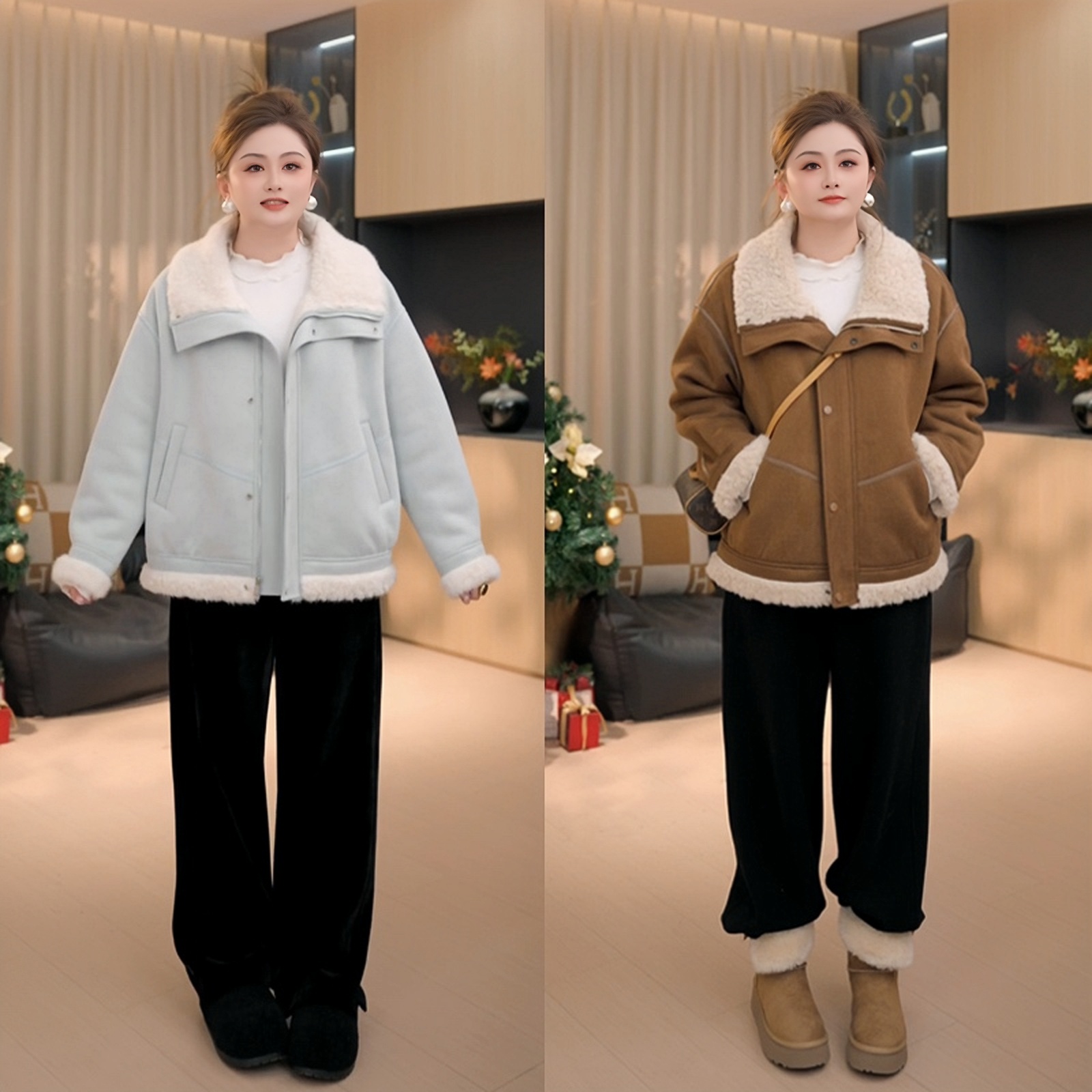 【胖佳佳】冬日恋岛 冬季时尚加厚保暖翻领羔毛外套女H625H18715